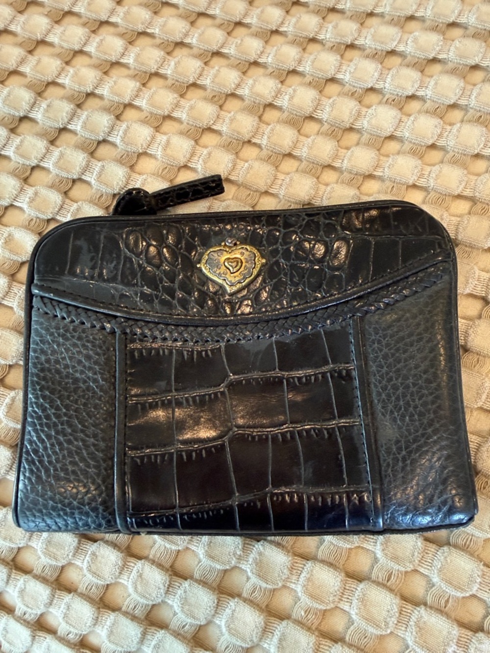 Brighton Black Croc-Embossed Leather Zip Wallet with Gold silver Heart Logo